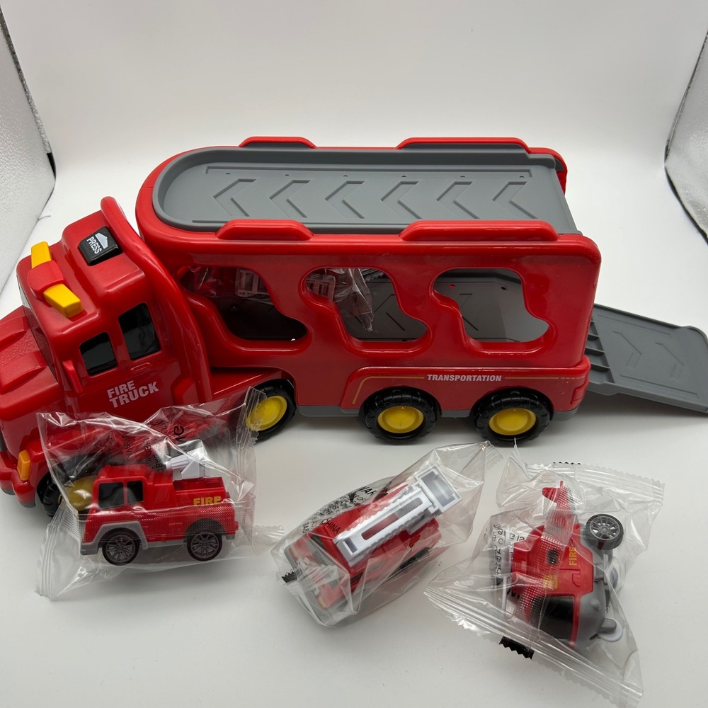 iHaHa Fire Truck Pull Back Car Series Toy Transporter Truck with 4 Mini Fire Veh